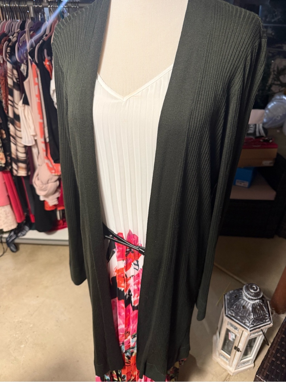 LOFT Olive Ribbed Open-Front Long Cardigan - Picture 2 of 6